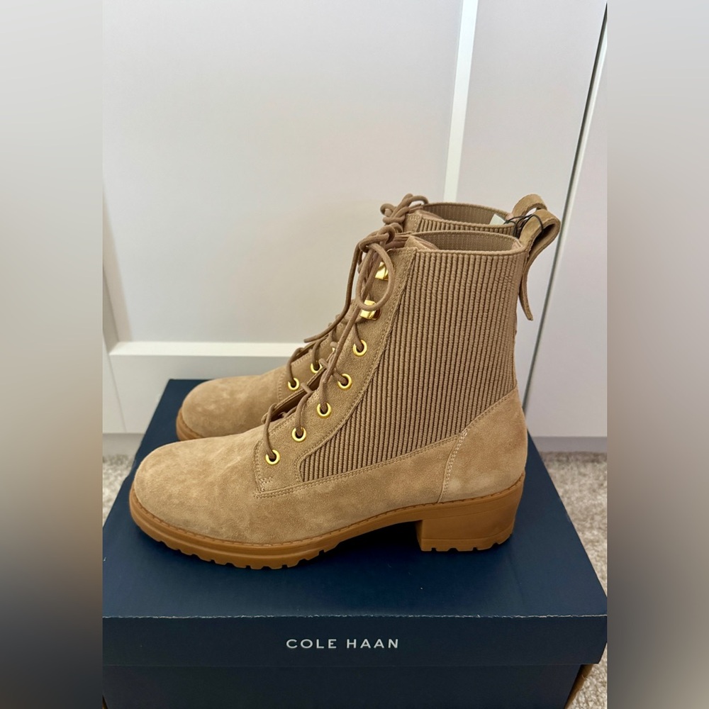 NIB Cole Haan Camea Combat Boot II, Dark Latte Waterproof Suede, Size 7